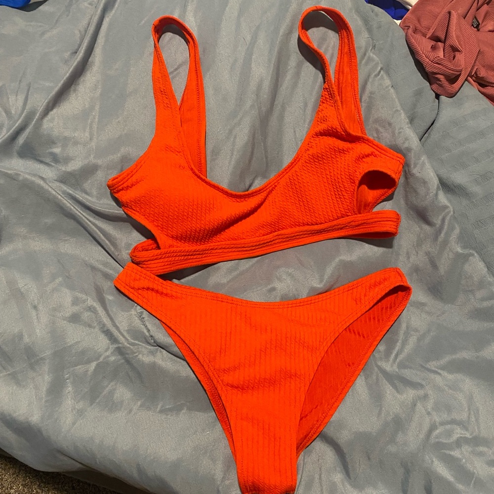 Orange ribbed bikini with side cut outs